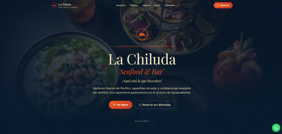 Página principal de la demo para La Chiluda Seafood & Bar con fotografía de platillos, acceso al menú y reserva por WhatsApp