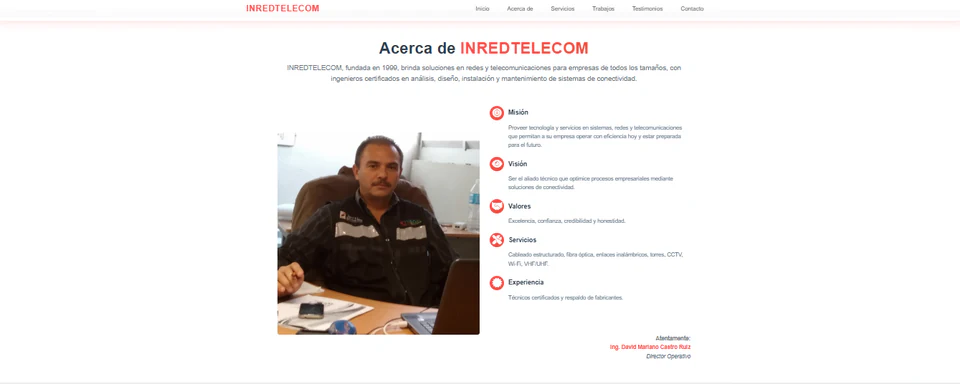 Página del sitio corporativo de Inredtelecom con información de la empresa, sus valores y servicios